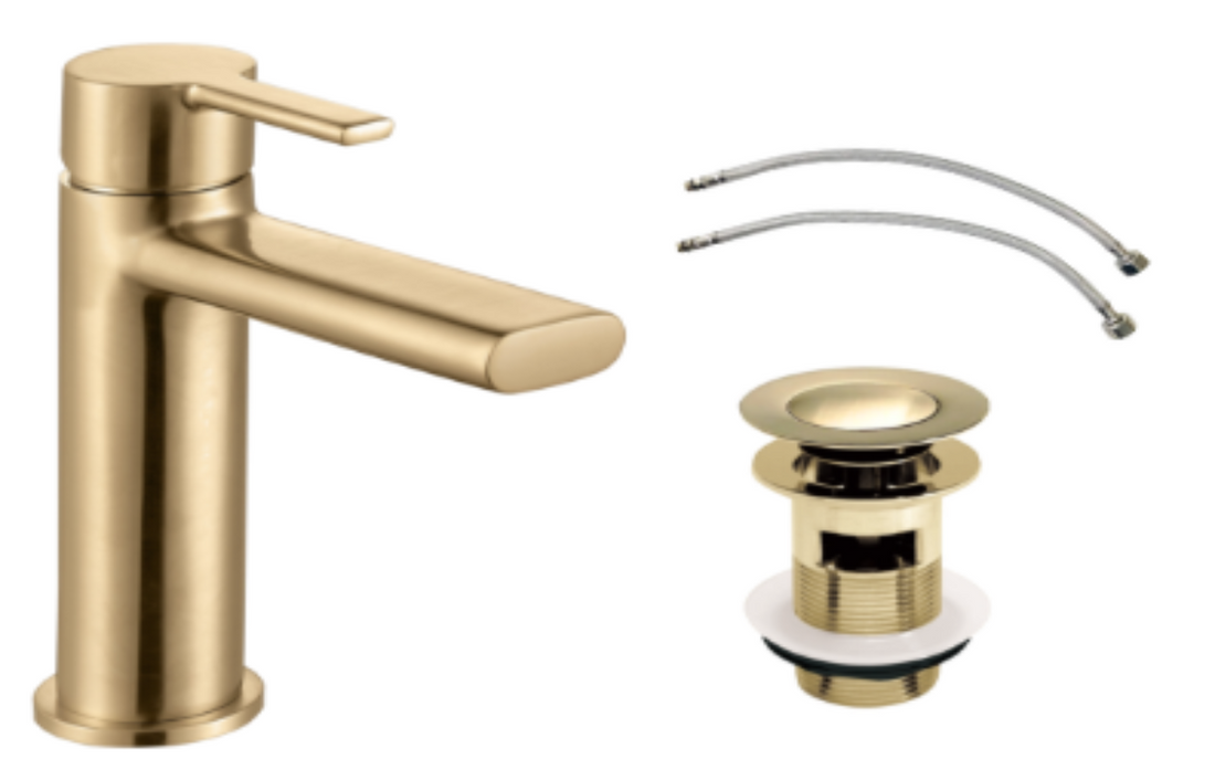 Gold faucet set with handles and drain on a white background