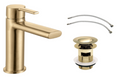 Gold faucet set with handles and drain on a white background