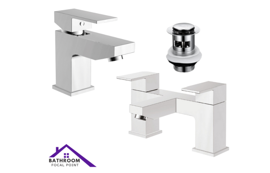 Chrome bathroom faucet set with a drain on a white background, featuring the brand 'Bathroom Focal Point'.