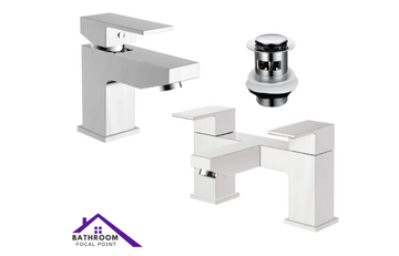 Chrome bathroom faucet set with a drain on a white background, featuring the brand 'Bathroom Focal Point'.