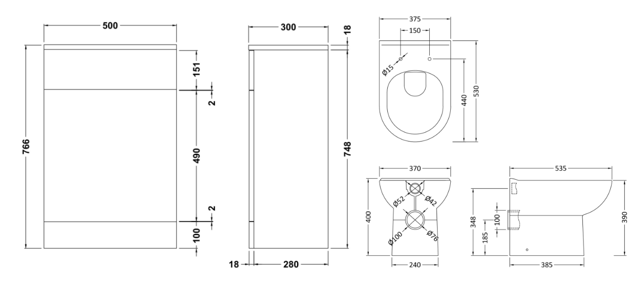 Technical drawing of a toilet with dimensions labeled