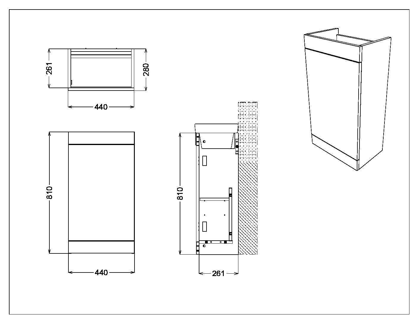 Technical drawing of a cabinet with dimensions