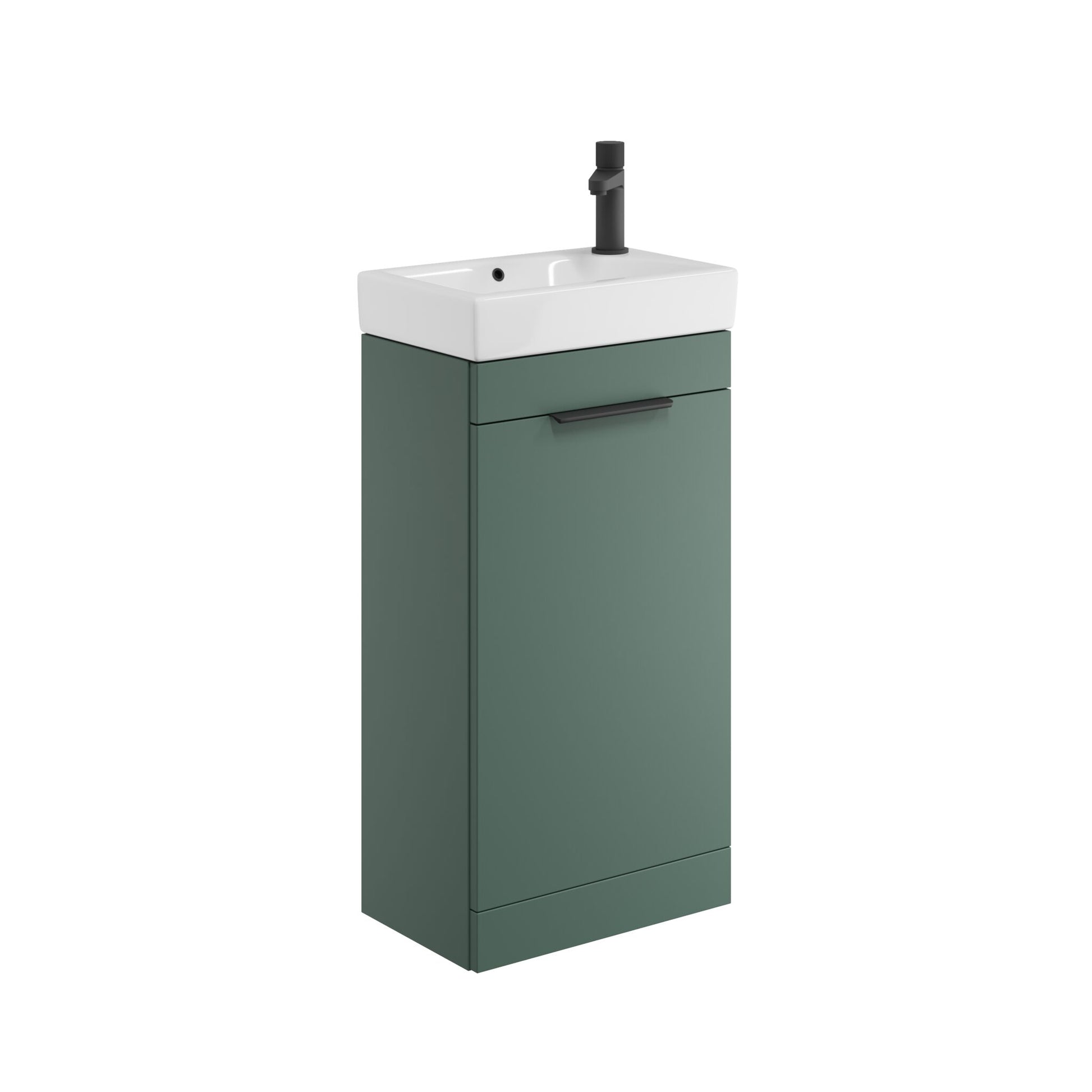 Green vanity unit with white sink and black faucet on a white background