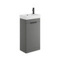 Gray vanity unit with white sink and black faucet on a white background