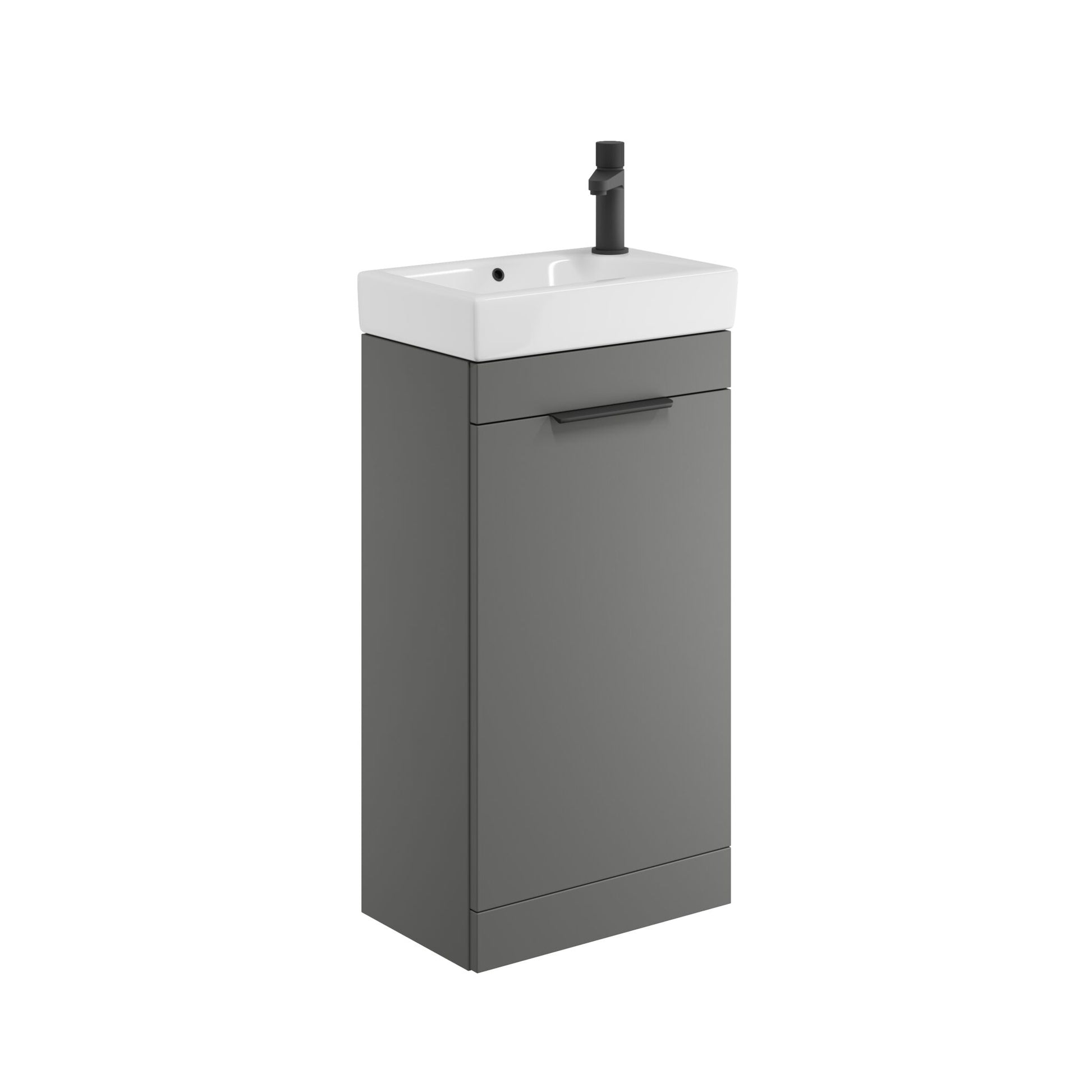 Gray vanity unit with white sink and black faucet on a white background