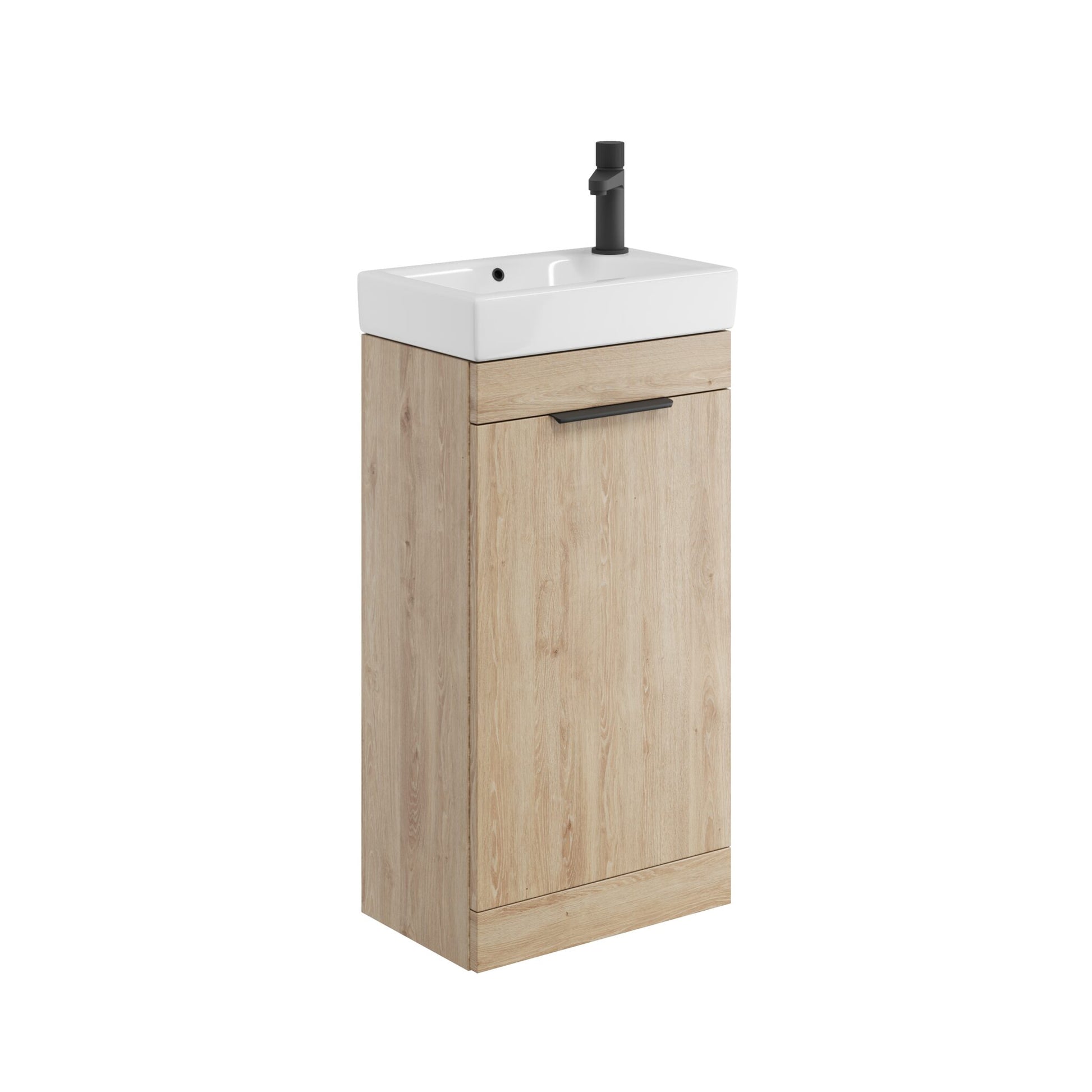 Bathroom vanity with wooden cabinet and white sink on a white background