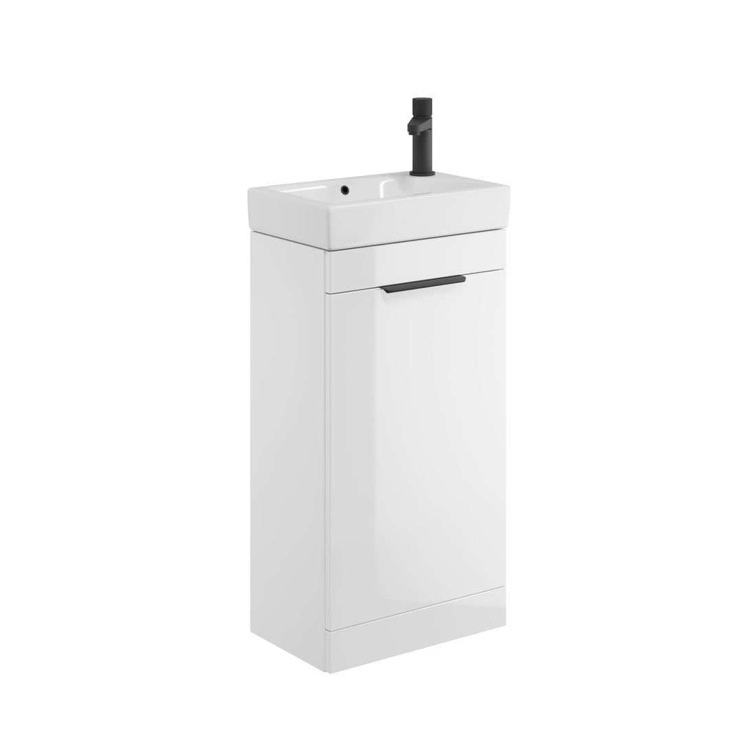 White vanity unit with sink on a white background