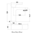 Technical drawing of a Mono Basin Mixer with dimensions labeled