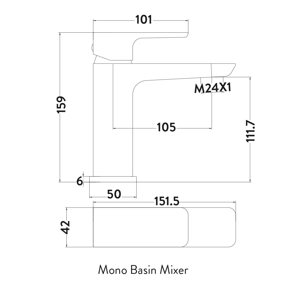 Technical drawing of a Mono Basin Mixer with dimensions labeled