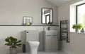 Bathroom interior with gray vanity, toilet, and towel rack.