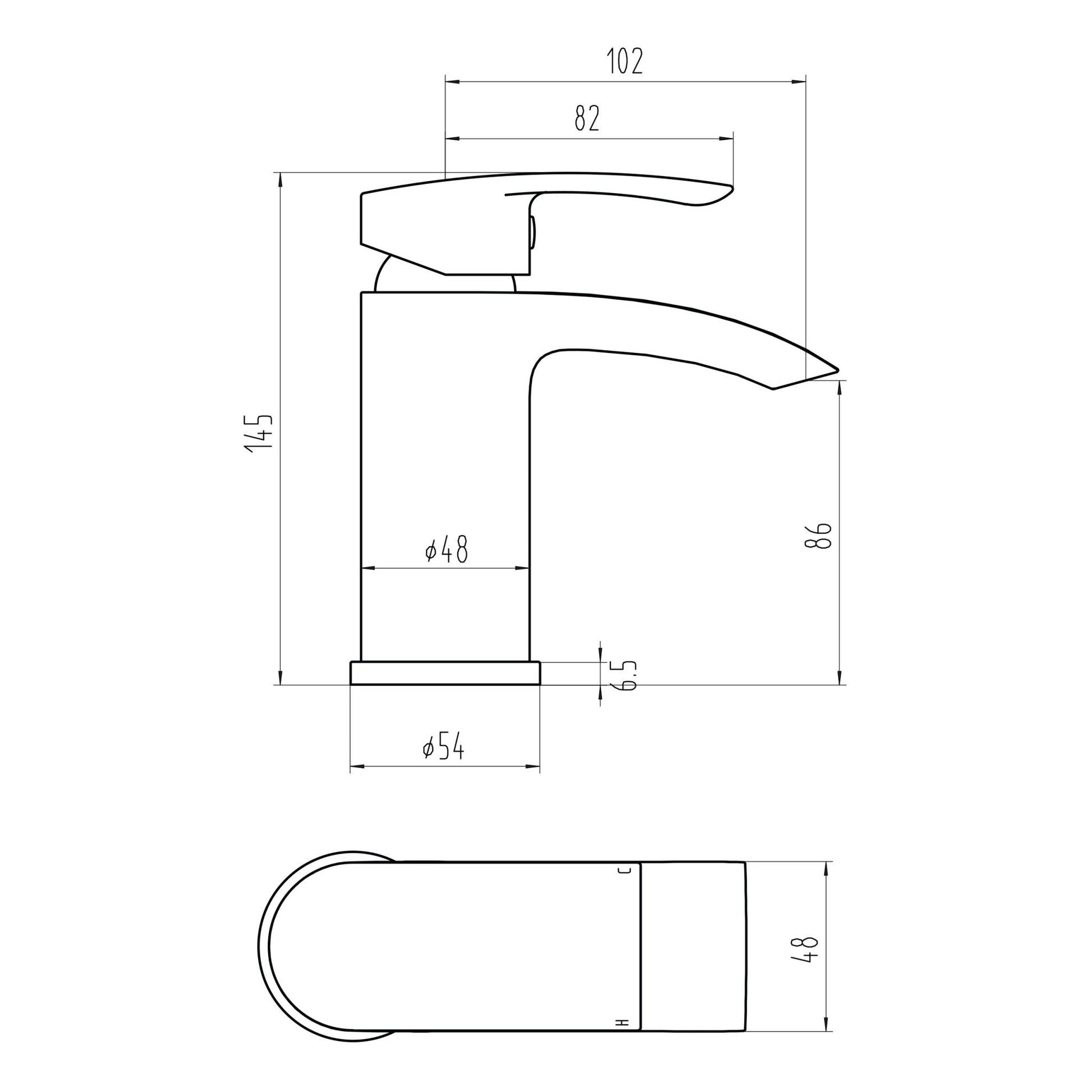 Technical drawing of a faucet with dimensions