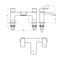 Technical drawing of a bathroom faucet and piping system with dimensions.