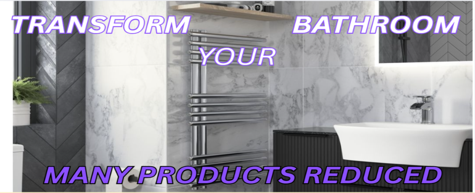 Bathroom setting with a towel rack and text overlay about bathroom transformations and product reductions.slider_item_gggTMQ