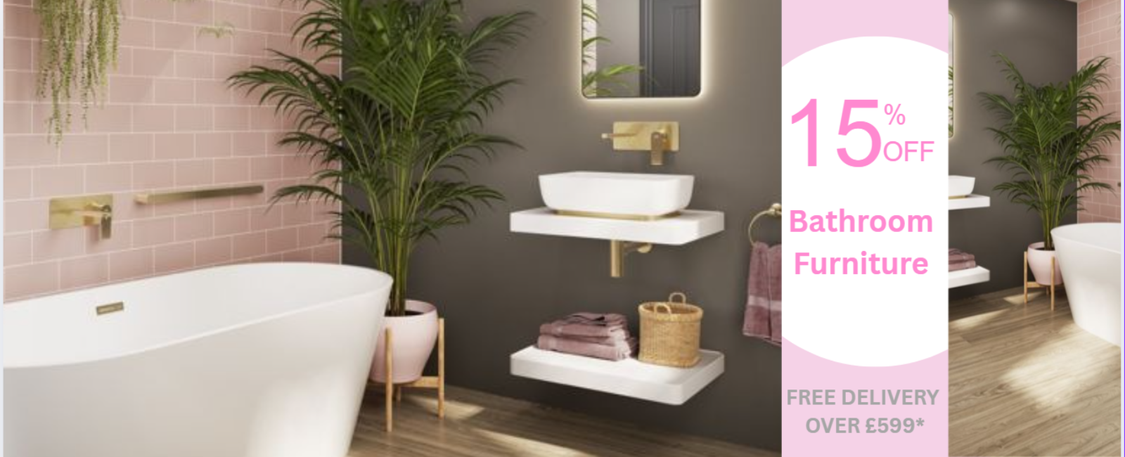 Bathroom interior with sink, bathtub, and plants, featuring a promotional banner for bathroom furniture.slider_item_3mA6YV