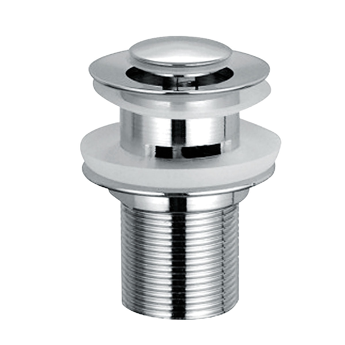 Chrome sink drain trap on a white background