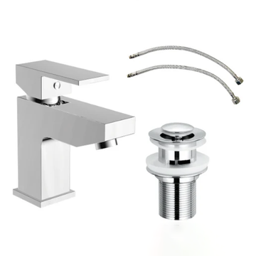 Cube Square Chrome Mono Basin Mixer Tap with Chrome Slotted Waste